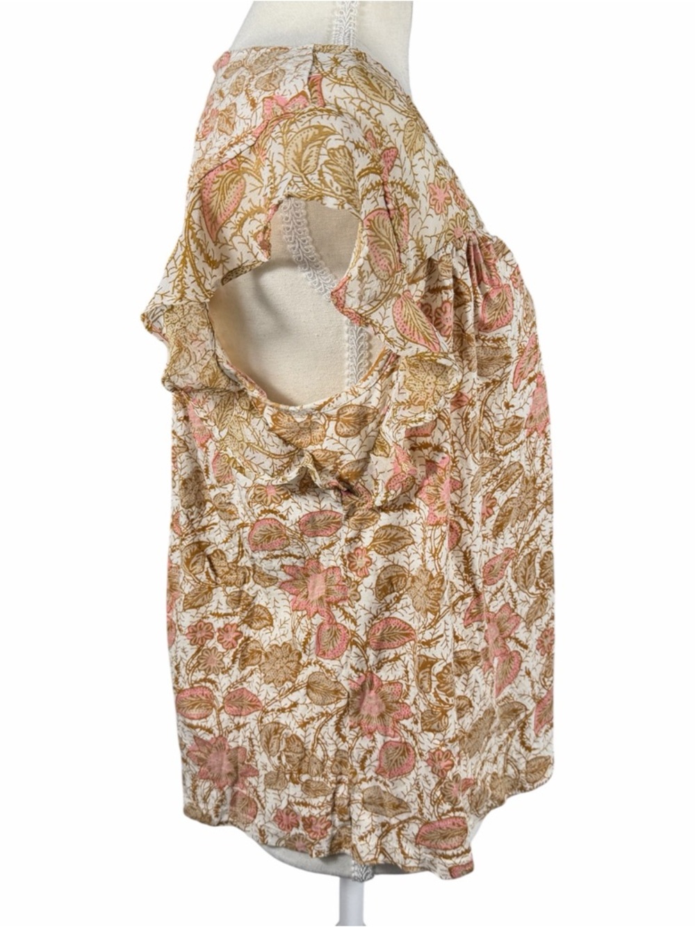 Lucky Brand Floral Top Womens Large Pink Tan Flutter Sleeve V Neck Boho - Picture 12 of 12